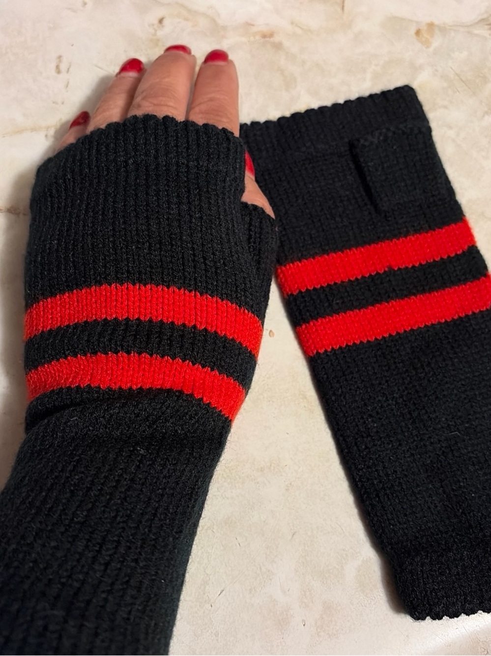 Black & Red Striped Fingerless Knit Gloves - Accessories